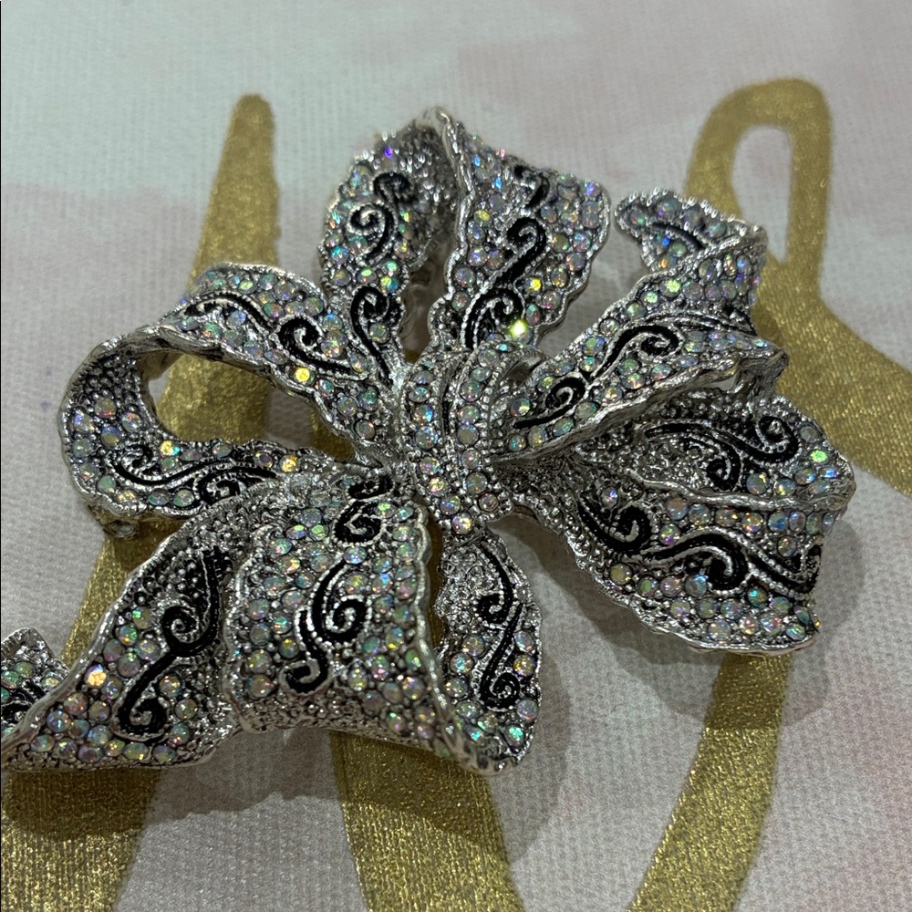 Sparkling Silver Tone Aurora Borealis Possibly Swarzki Crystal Bow Design Brooch